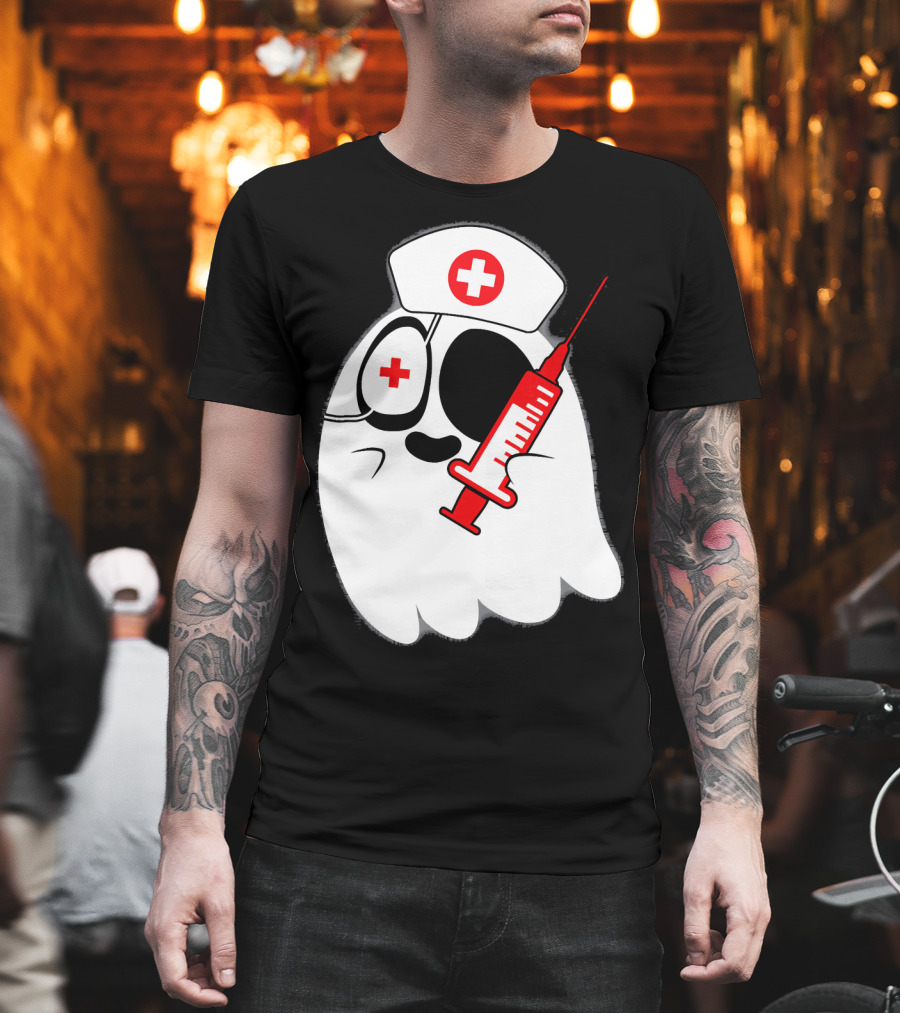 Funny Ghost Nurse Emoji With Syringe Nurse Hat T-Shirt