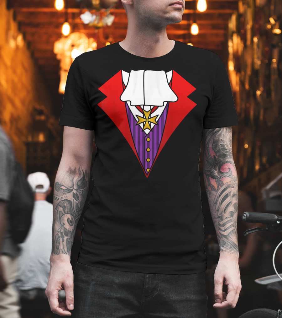 Easy Halloween Costumes Dracula Tuxedo Red Jacket Purple Vest White Cravat T-Shirt