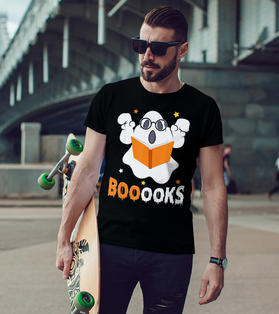 Booooks Ghost With Glasses Holding Orange Book And Stars T-Shirt