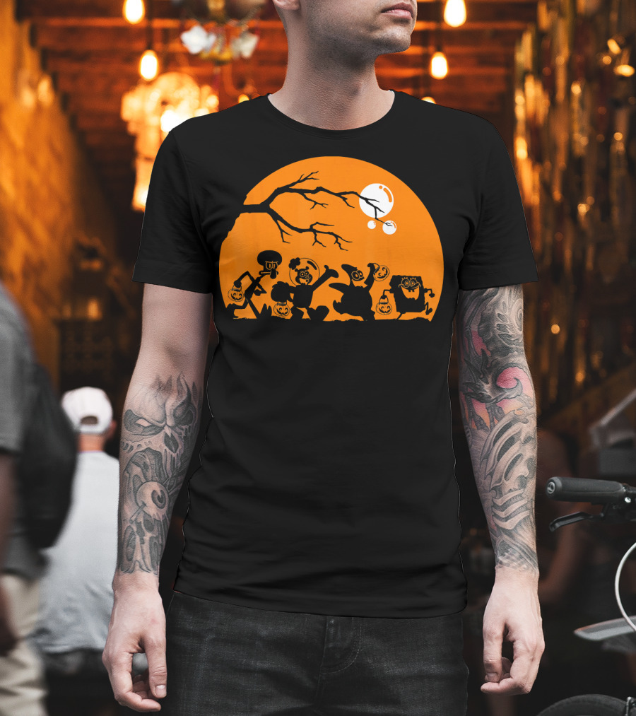 Spongebob Squarepants Halloween Group Silhouette Against Orange Moon T-Shirt