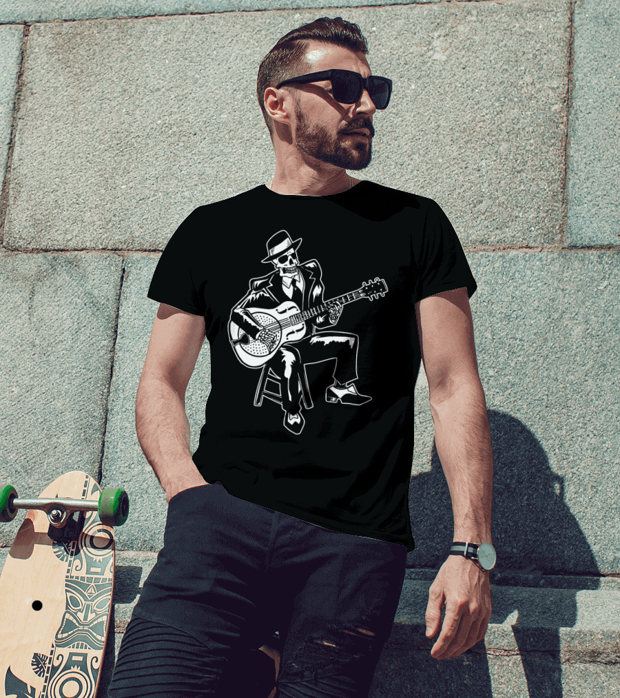 Blues Music Skeleton Playing Guitar With Fedora And Suit T-Shirt