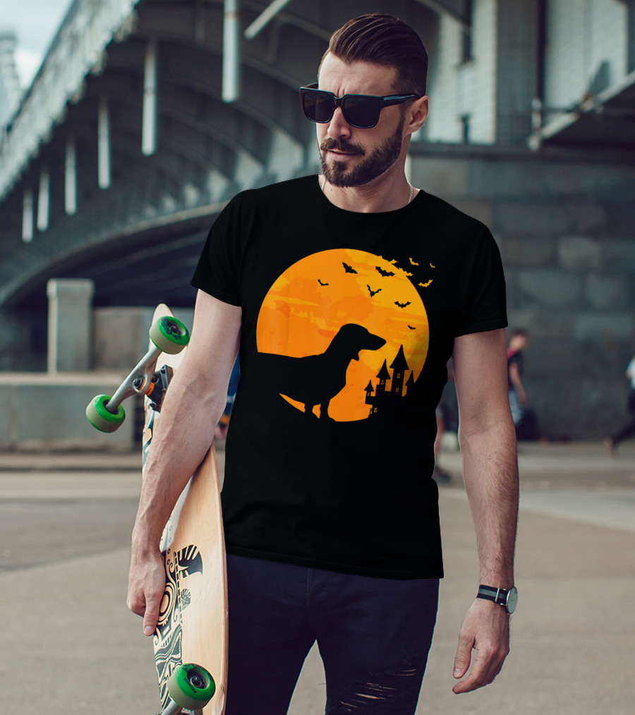 Dachshund Halloween Silhouette With Bats And Haunted Castle T-Shirt