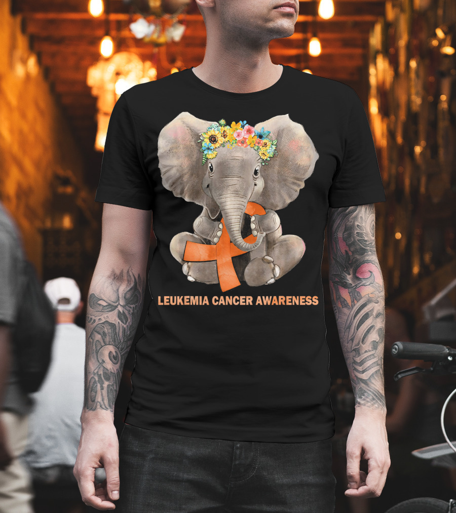 Hippie Elephant with Flower Crown Holding Orange Ribbon Leukemia Cancer Awareness T-Shirt