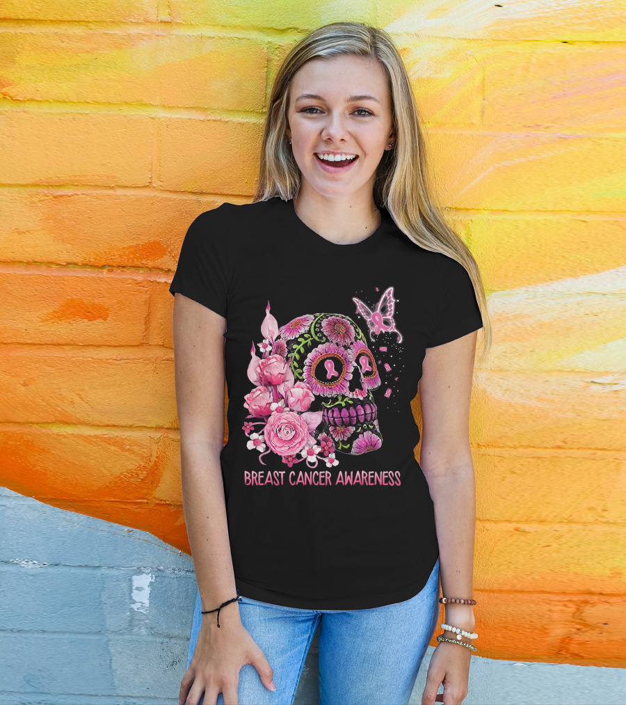 Skull Flower Breast Cancer Awareness Pink Ribbon Butterfly Roses T-Shirt