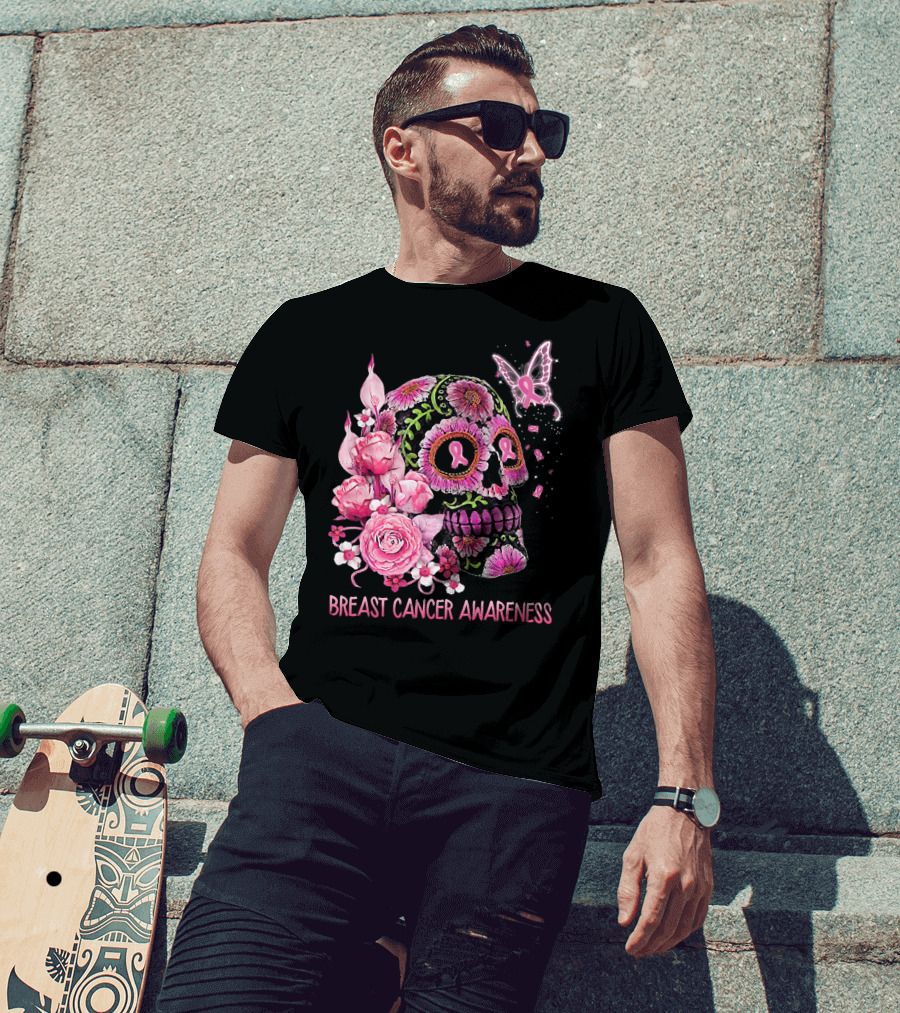 Skull Flower Breast Cancer Awareness Pink Ribbon Butterfly Roses T-Shirt