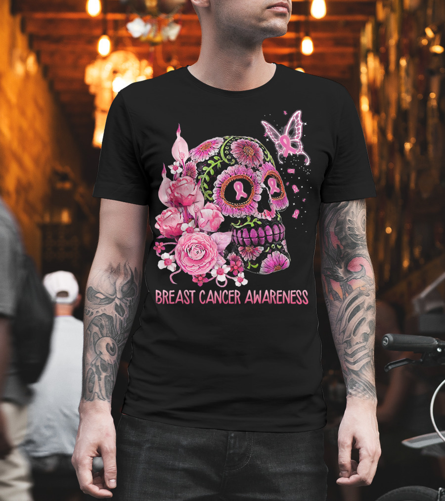 Skull Flower Breast Cancer Awareness Pink Ribbon Butterfly Roses T-Shirt