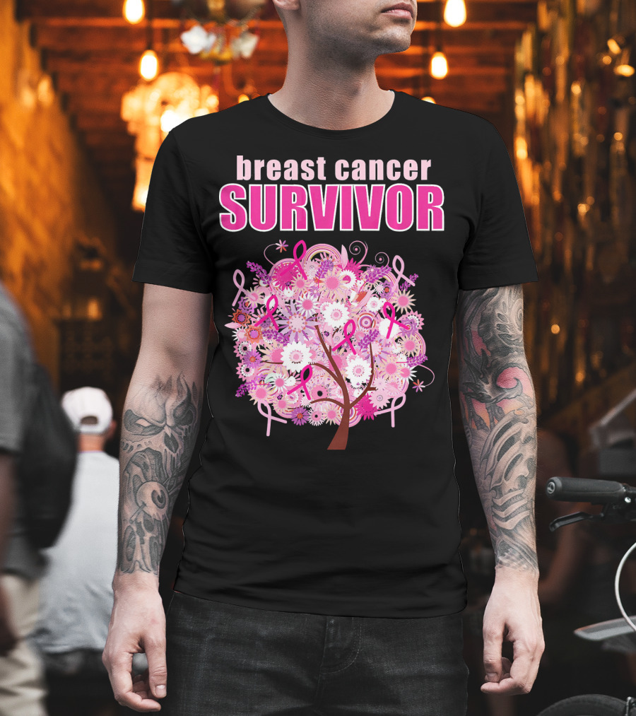 Breast Cancer Survivor Floral Pink Ribbon Tree T-Shirt