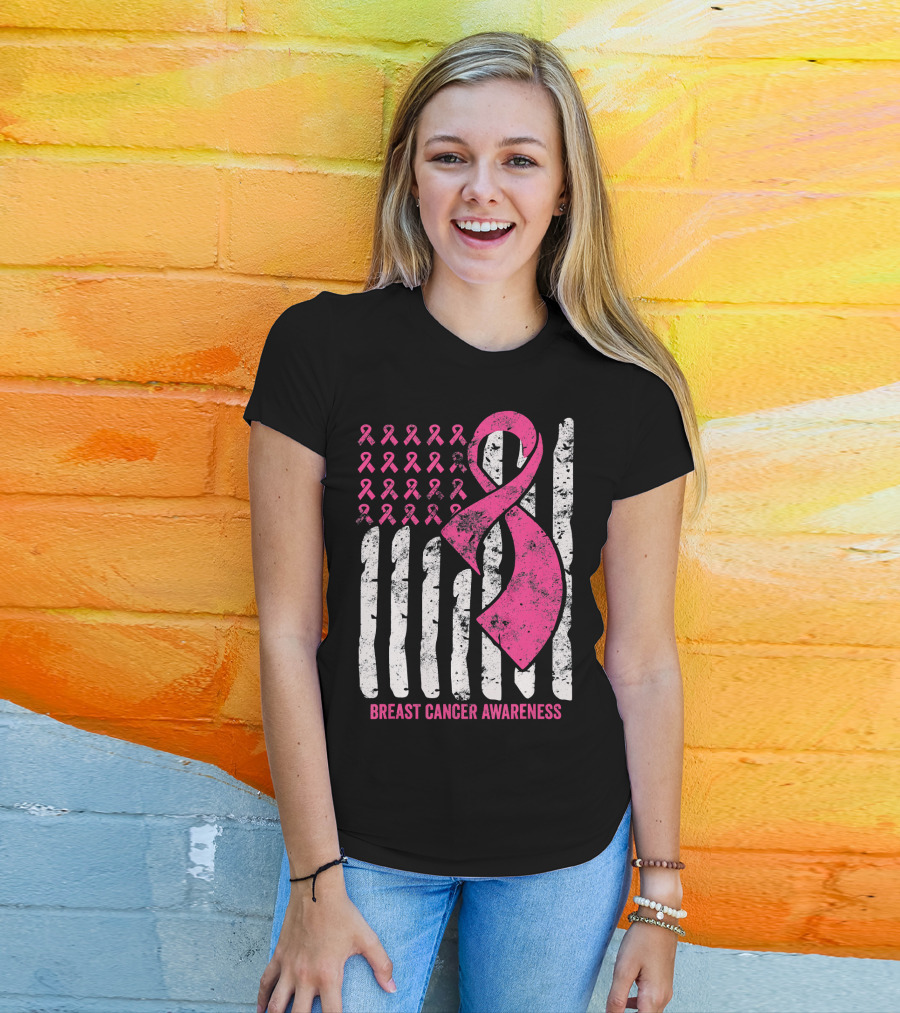 Breast Cancer Awareness Distress Pink Ribbon American Flag T-Shirt