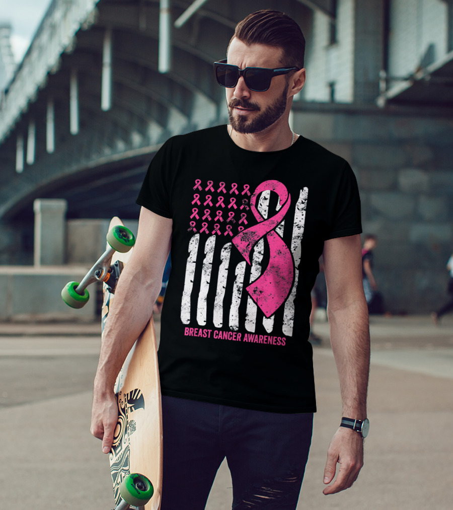 Breast Cancer Awareness Distress Pink Ribbon American Flag T-Shirt