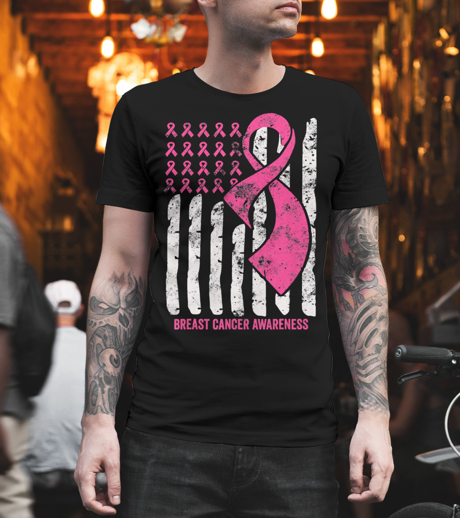 Breast Cancer Awareness Distress Pink Ribbon American Flag T-Shirt