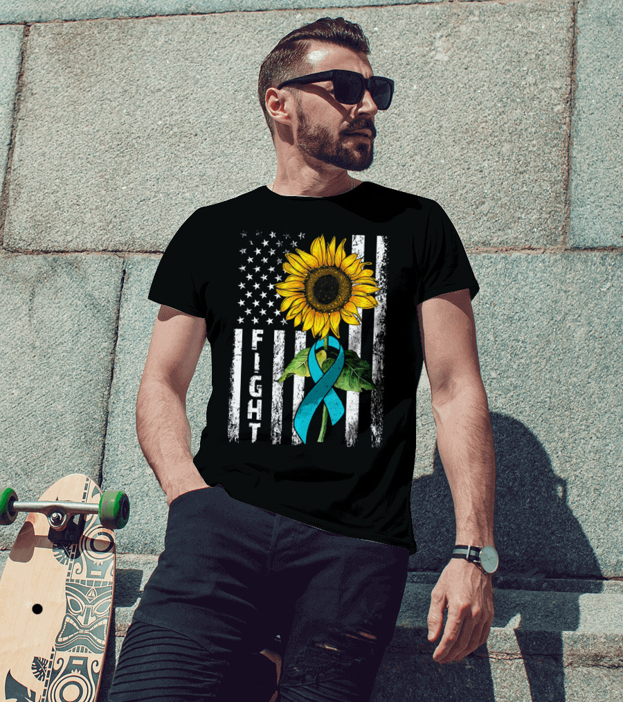 America Flag Sunflower Teal Ribbon Ovari Fight T-Shirt