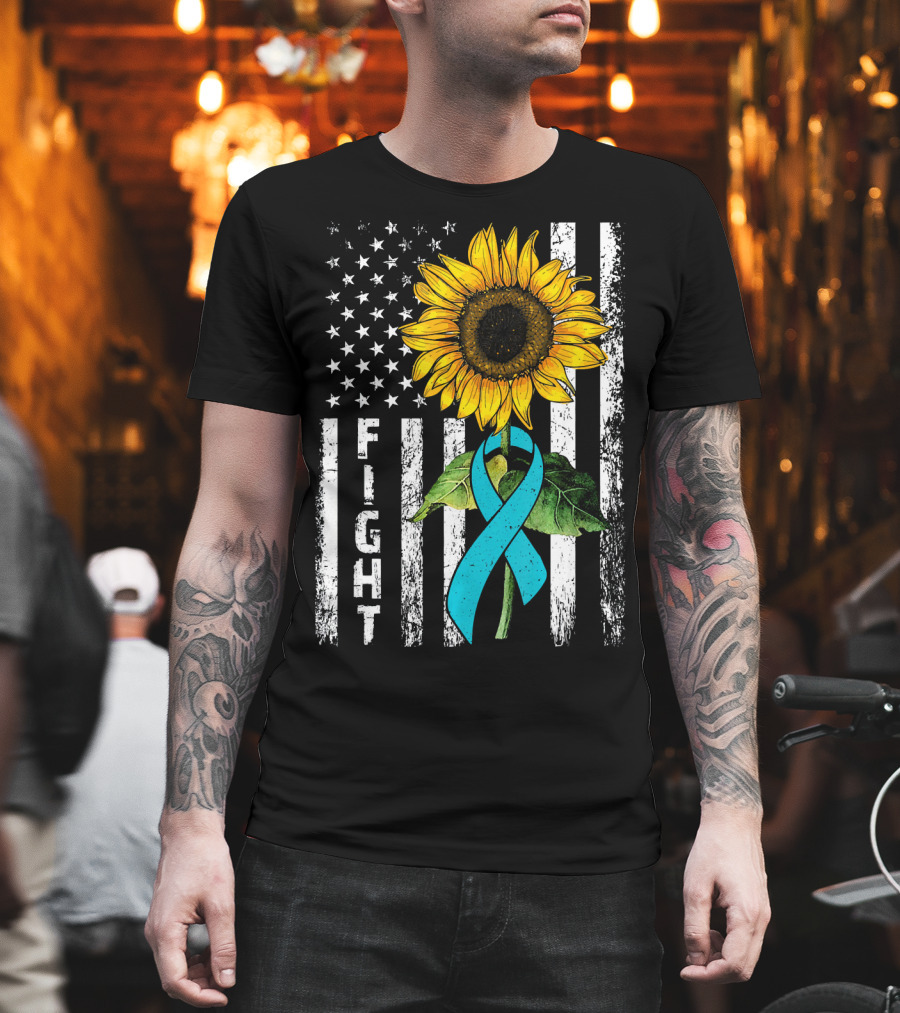 America Flag Sunflower Teal Ribbon Ovari Fight T-Shirt