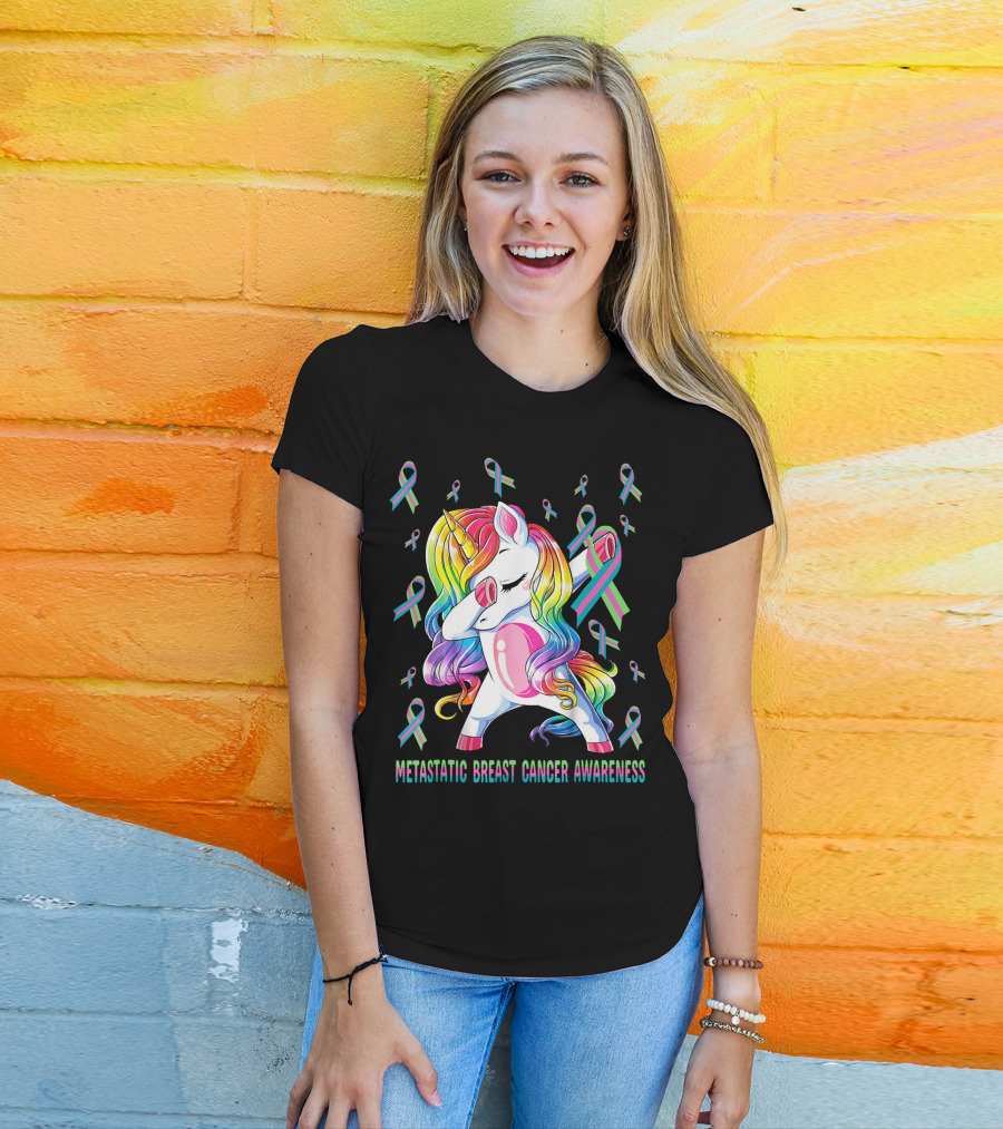 Metastatic Breast Cancer Awareness Unicorn Dabbing With Ribbons T-Shirt