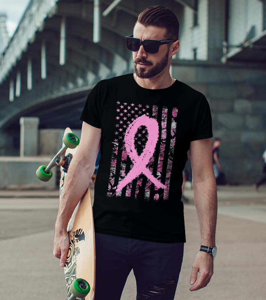Pink Breast Cancer Ribbon Camouflage American Flag T-Shirt