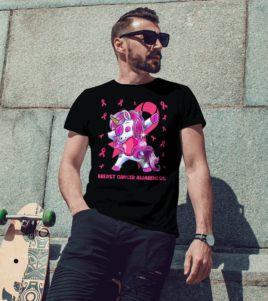 Breast Cancer Awareness Dabbing Unicorn Pink T-Shirt