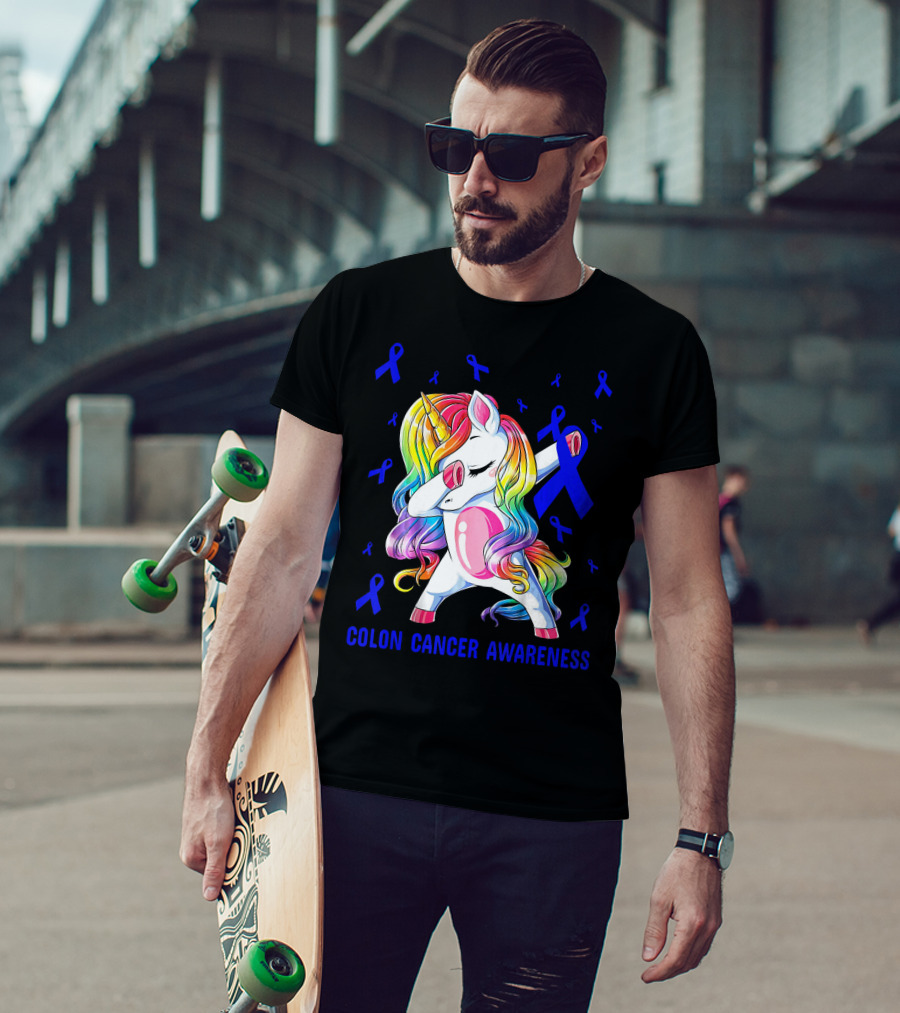 Colon Cancer Awareness Unicorn Dabbing With Blue Ribbons T-Shirt
