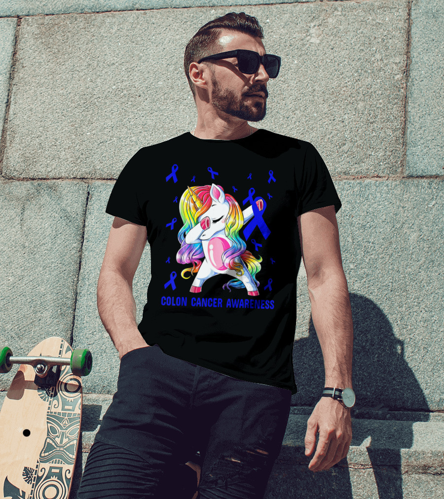 Colon Cancer Awareness Unicorn Dabbing With Blue Ribbons T-Shirt