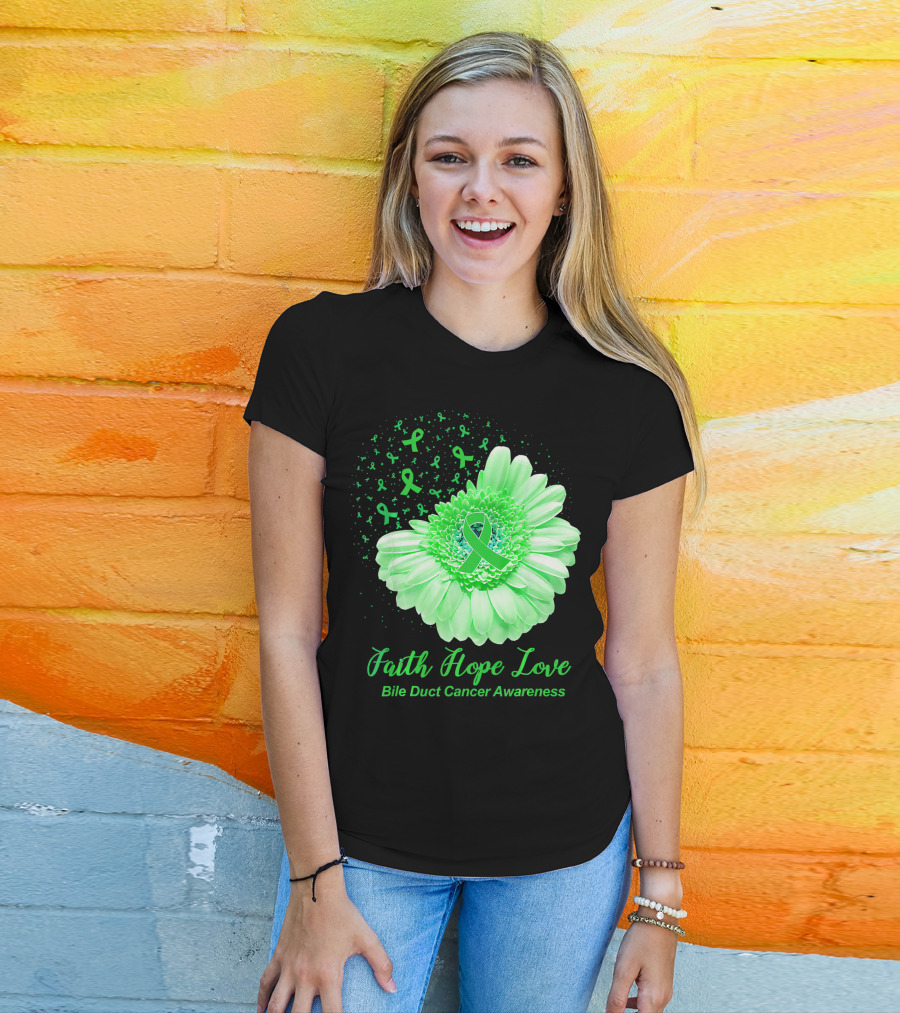 Faith Hope Love Bile Duct Cancer Awareness Flower T-Shirt