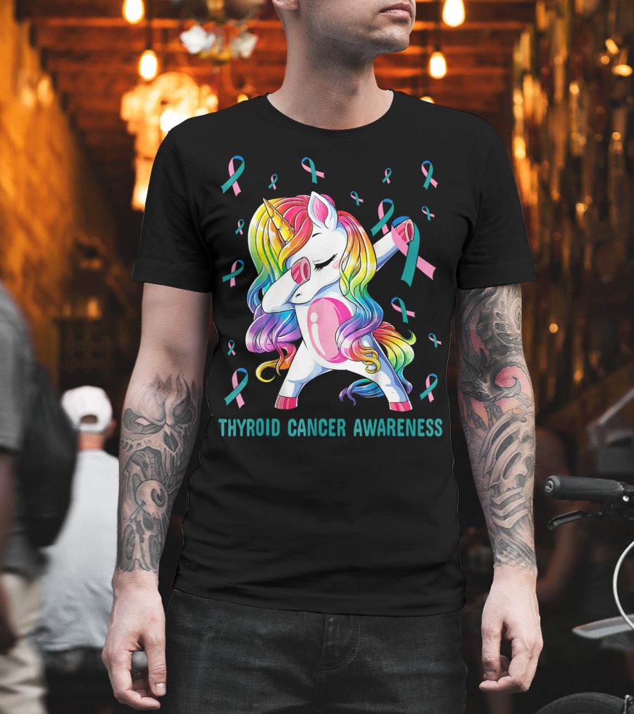 Dabbing Unicorn Rainbow Thyroid Cancer Awareness T-Shirt
