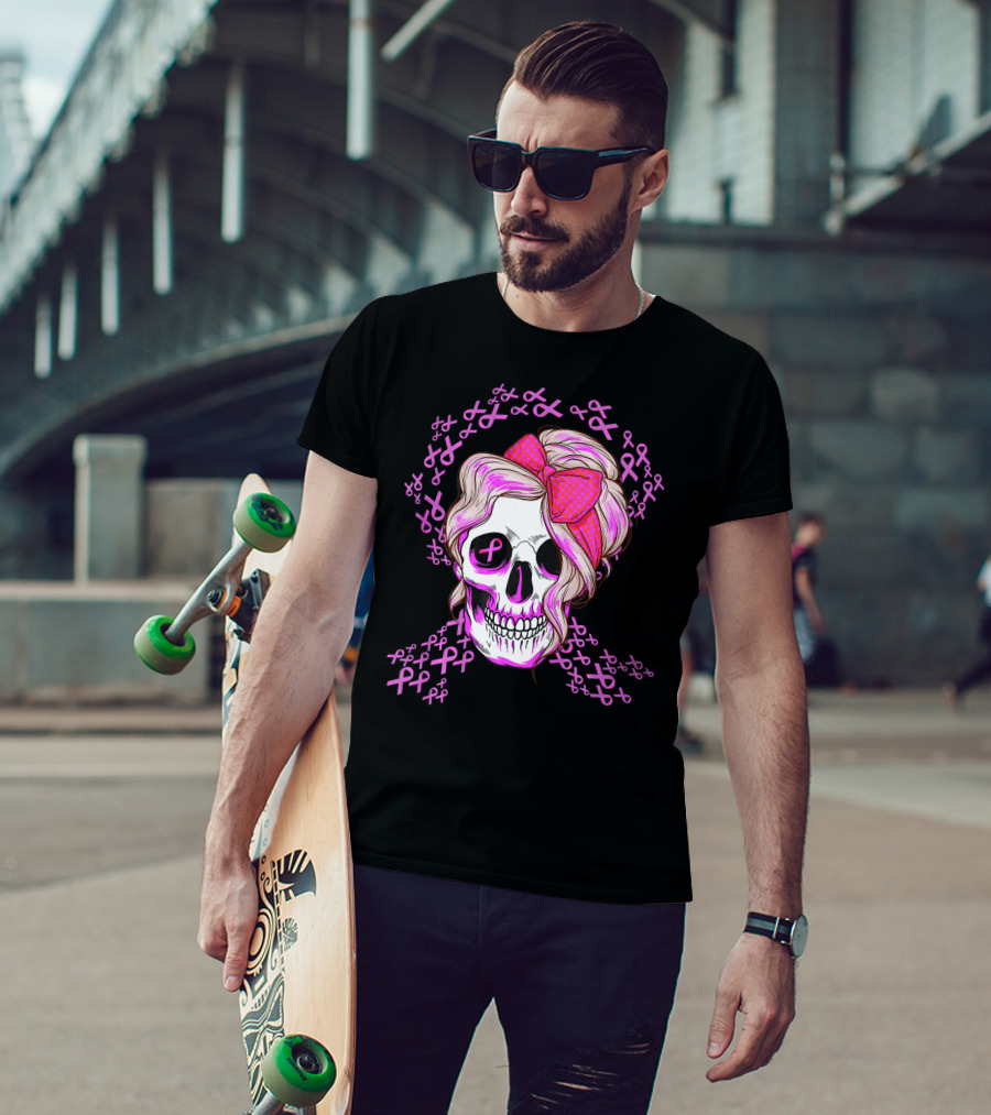 Sugar Skull Pink Ribbon Breast Cancer Awareness T-Shirt