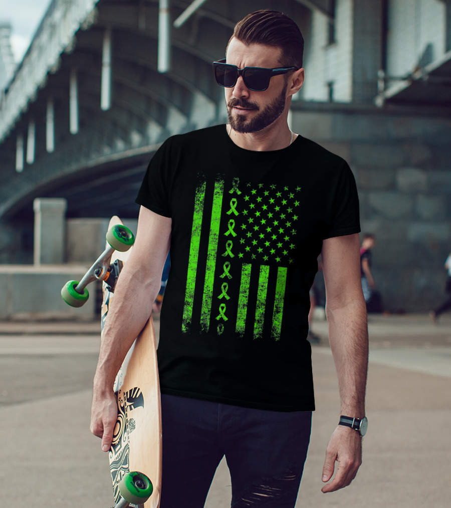 Lymphoma Cancer Awareness Lime Green Ribbon American Flag T-Shirt