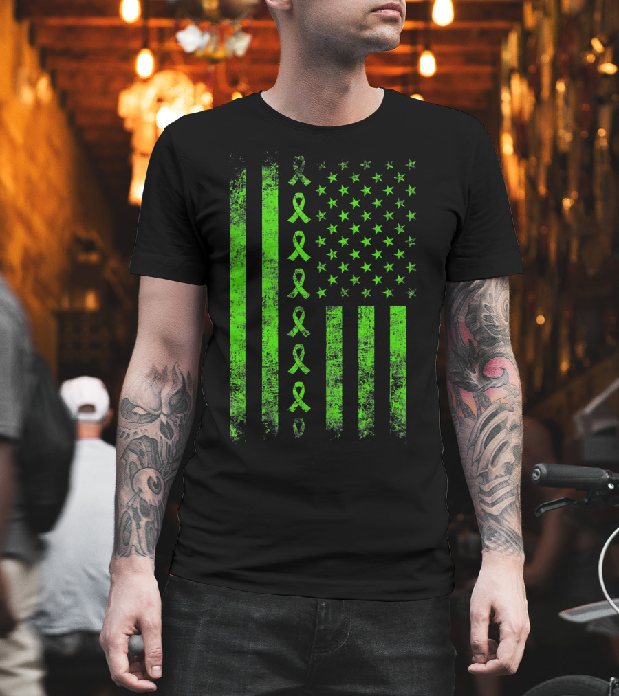 Lymphoma Cancer Awareness Lime Green Ribbon American Flag T-Shirt