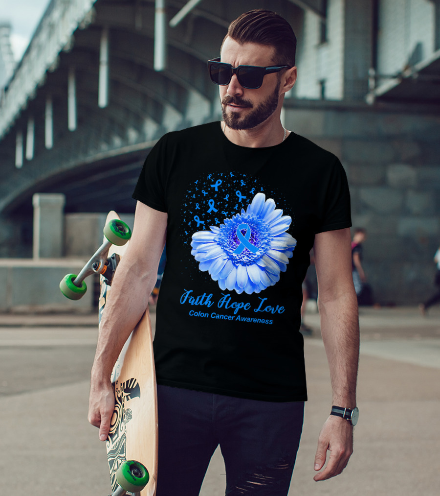 Faith Hope Love Colon Cancer Awareness Blue Ribbon Flower T-Shirt
