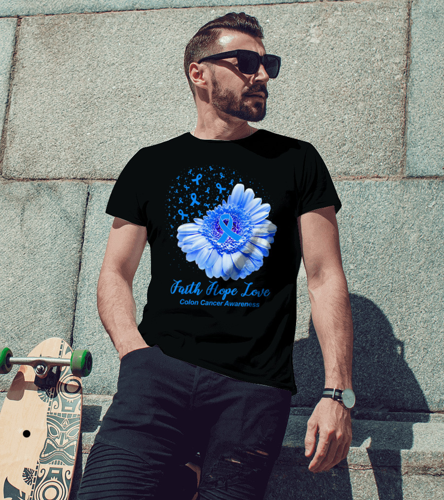 Faith Hope Love Colon Cancer Awareness Blue Ribbon Flower T-Shirt
