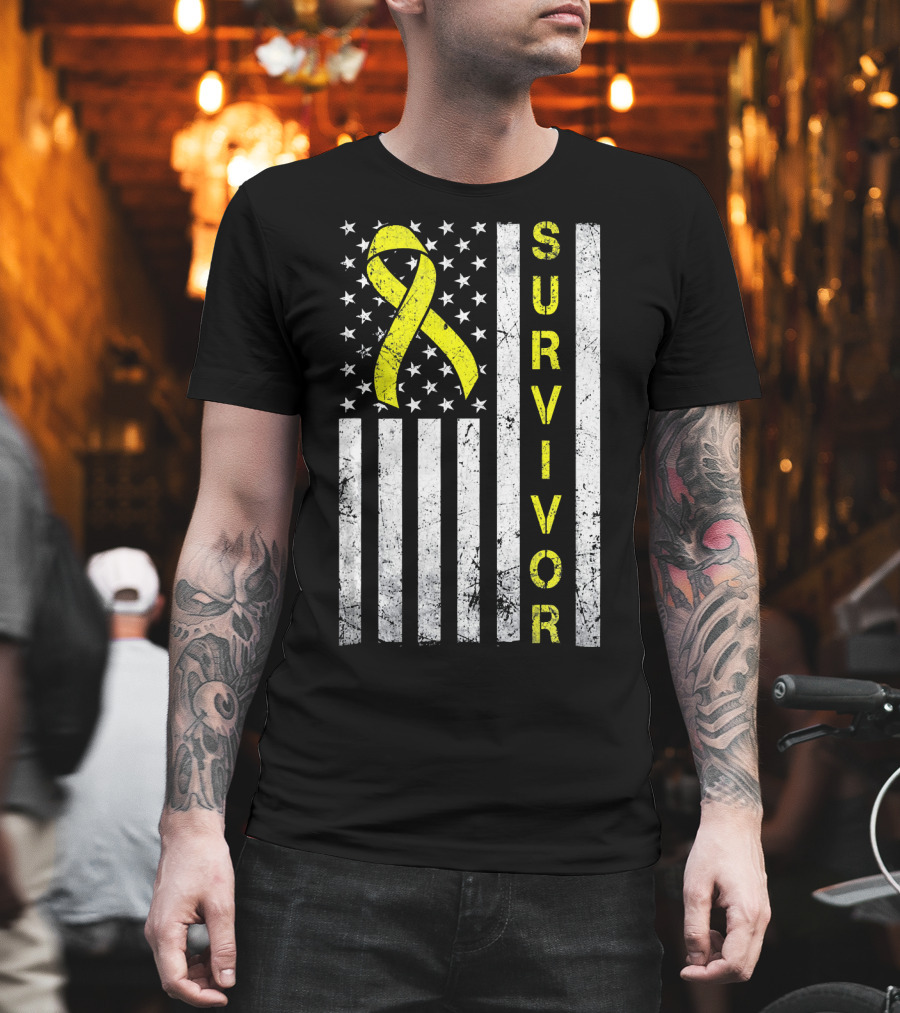 Survivor Yellow Ribbon USA Flag Childhood Cancer Awareness T-Shirt
