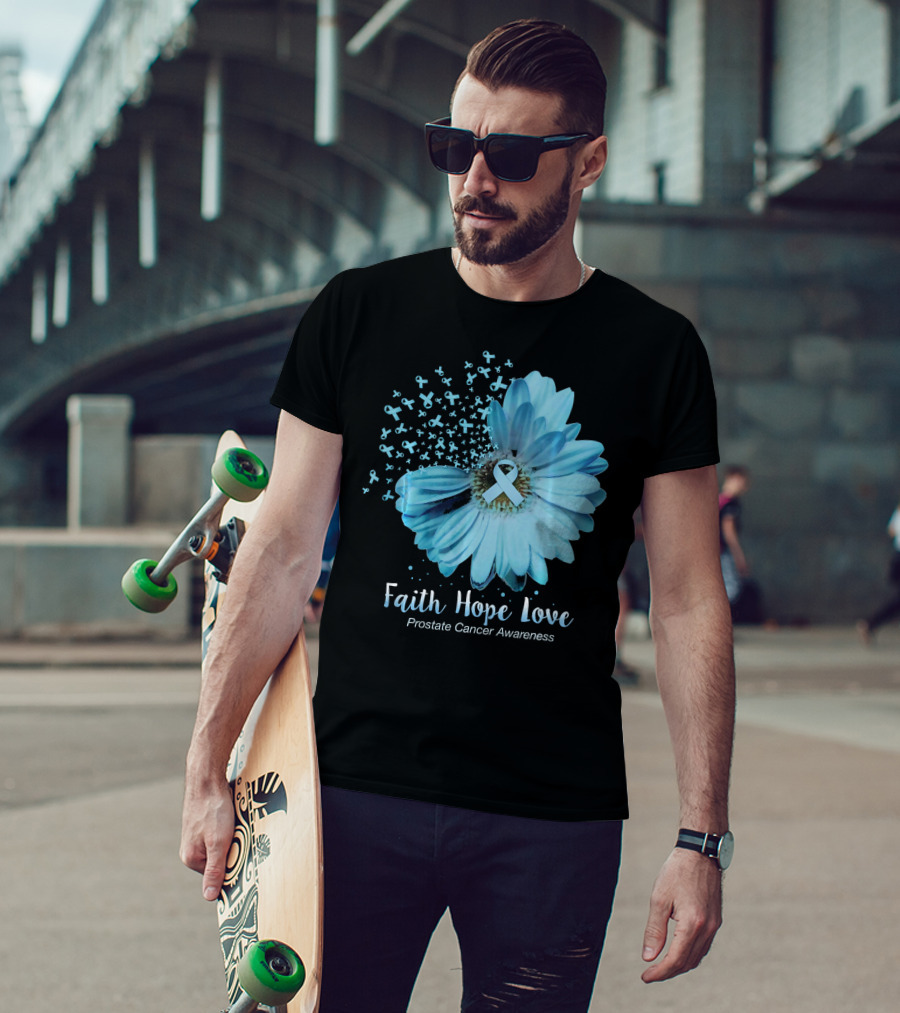 Faith Hope Love Prostate Cancer Awareness Blue Ribbon Flower T-Shirt