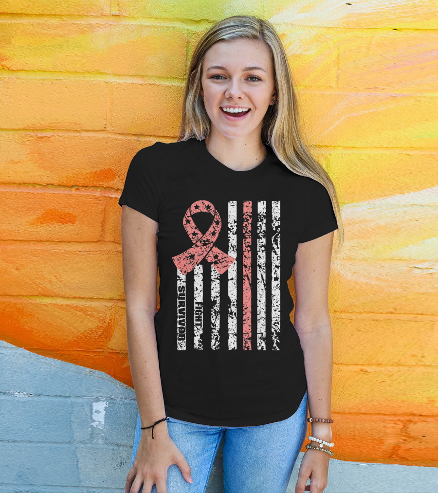 Cool Uterine Cancer Awareness Survivor Fight Ribbon Flag T-Shirt