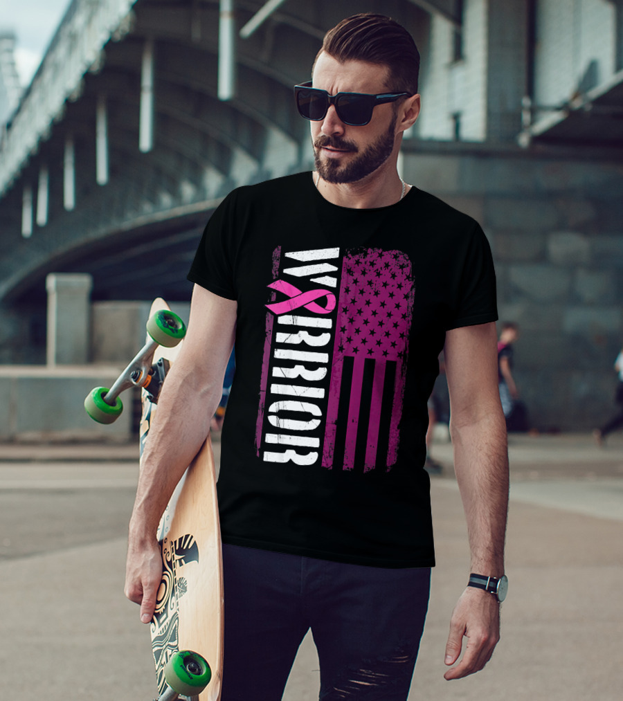 WARRIOR Breast Cancer Awareness Pink Ribbon American Flag T-Shirt