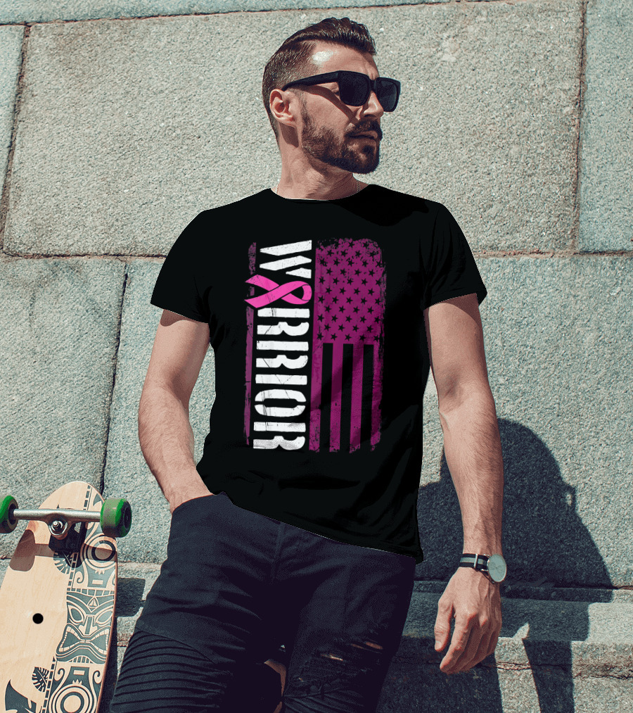 WARRIOR Breast Cancer Awareness Pink Ribbon American Flag T-Shirt