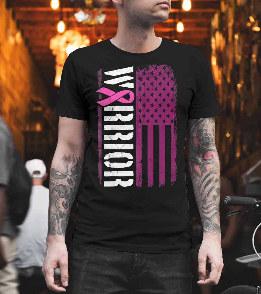 WARRIOR Breast Cancer Awareness Pink Ribbon American Flag T-Shirt