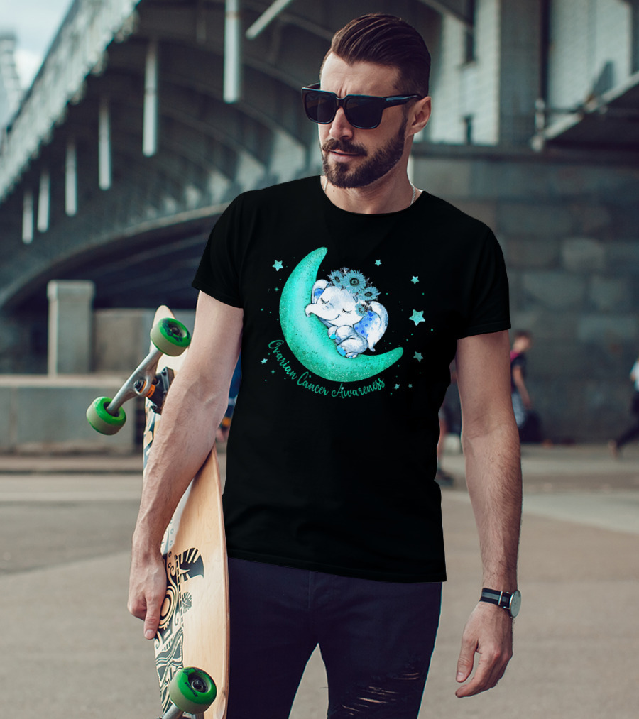 Ovarian Cancer Awareness Cute Elephant On The Moon T-Shirt
