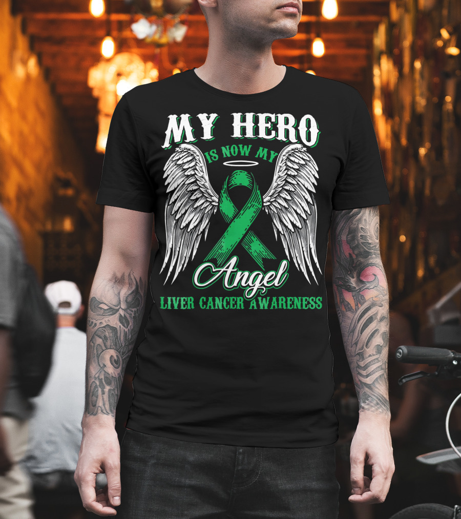 My Hero Is Now My Angel Liver Cancer Awareness Ribbon Wings Halo T-Shirt