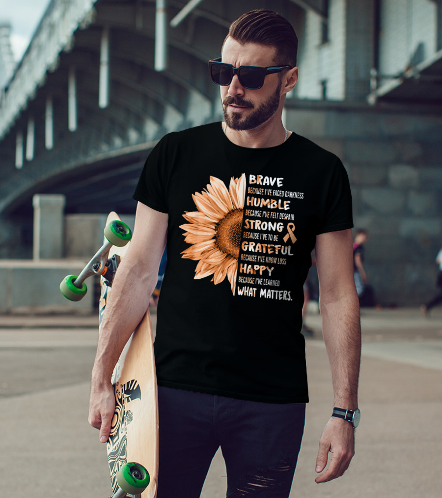 Brave Humble Strong Grateful Happy Sunflower Peach Ribbon Uterine Cancer T-Shirt