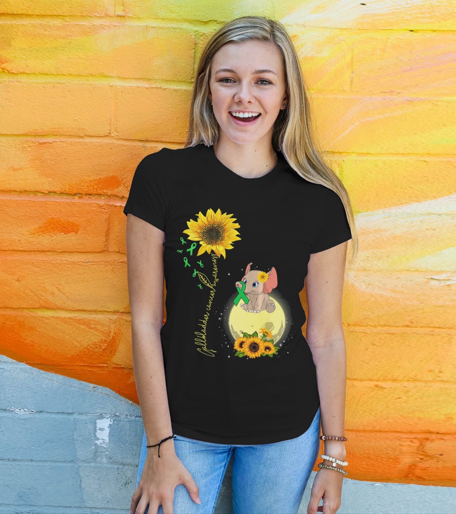 Gallbladder Cancer Awareness Elephant With Sunflowers And Green T-Shirt