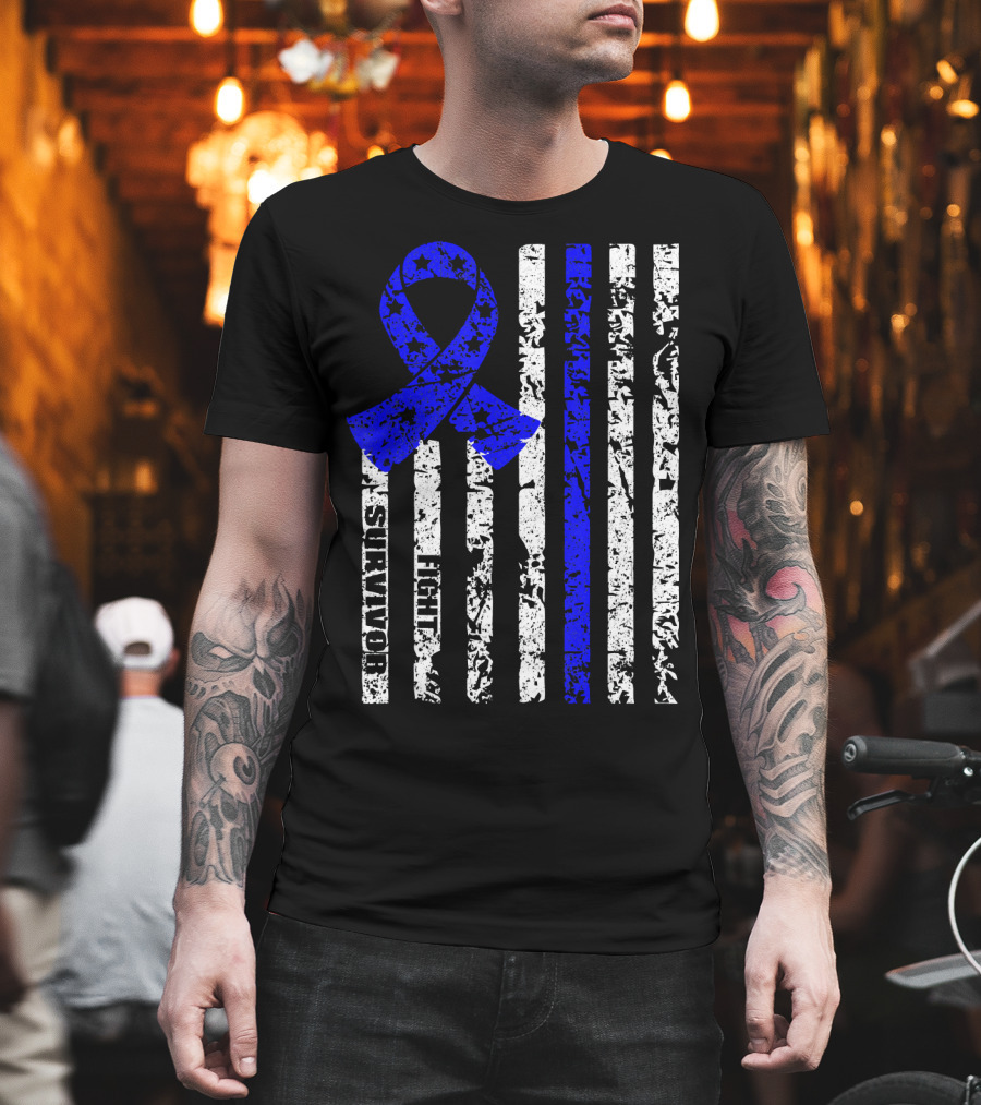 Cool Colon Cancer Awareness Survivor Ribbon Fighter Stripes T-Shirt