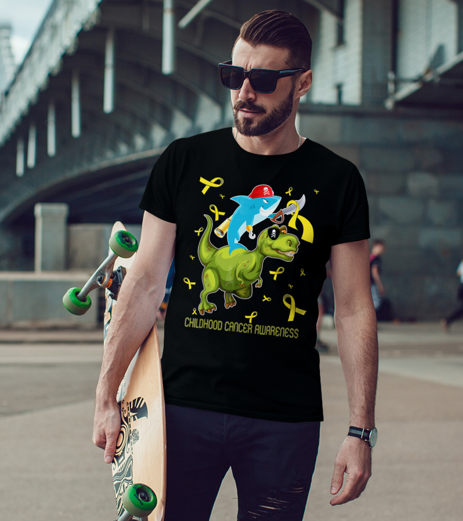 Childhood Cancer Awareness Shark And Dinosaur With Yellow Ribbons T-Shirt