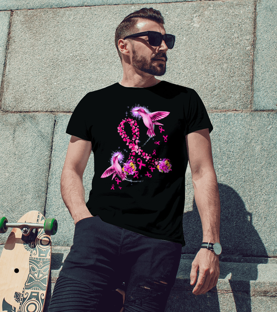 Hummingbird Heart Pink Ribbon Breast Cancer Awareness Flowers T-Shirt