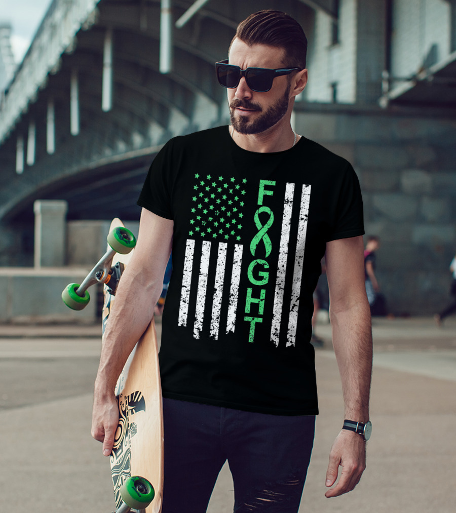 Liver Cancer Awareness Green Ribbon Fight American Flag T-Shirt