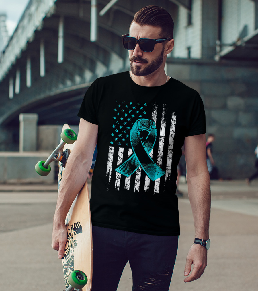 Fighting Flag Ovarian Cancer Awareness With Teal Ribbon And American T-Shirt