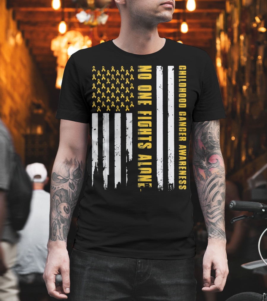 No One Fights Alone USA Flag Childhood Cancer Awareness T-Shirt