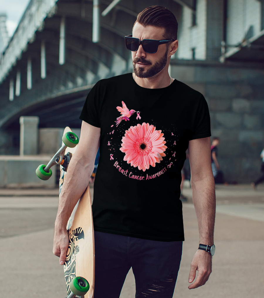 Hummingbird Pink Ribbon Breast Cancer Awareness Sunflower T-Shirt