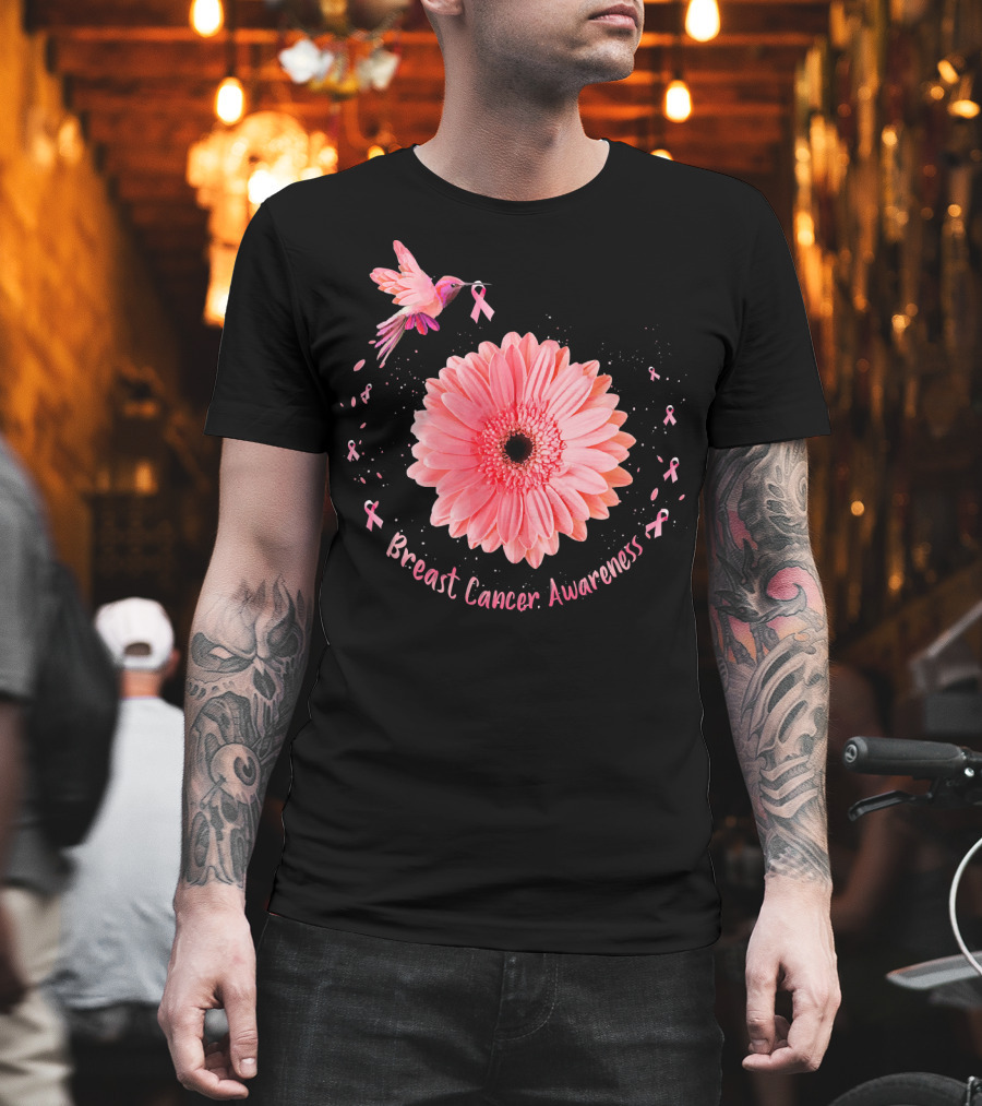 Hummingbird Pink Ribbon Breast Cancer Awareness Sunflower T-Shirt
