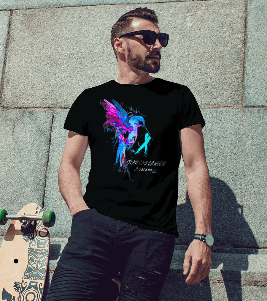OVARIAN CANCER Awareness Hummingbird With Teal T-Shirt