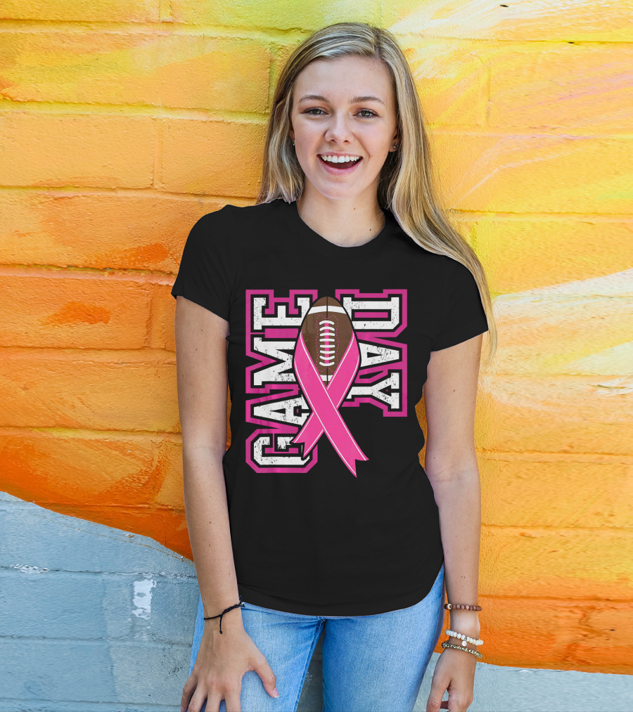 Game Day Breast Cancer Awareness Pink Ribbon Football T-Shirt