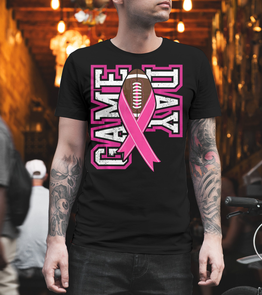 Game Day Breast Cancer Awareness Pink Ribbon Football T-Shirt