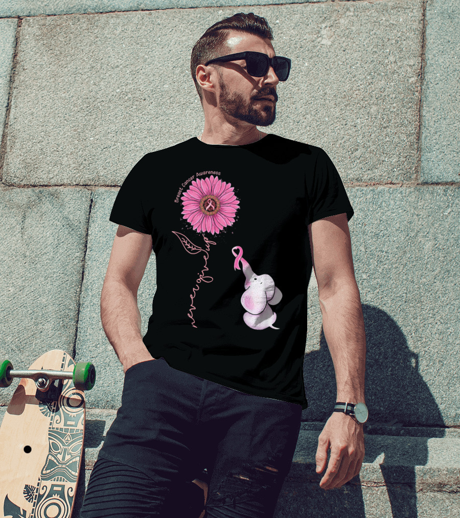Breast Cancer Awareness Never Give Up Pink Ribbon Sunflower Elephant T-Shirt